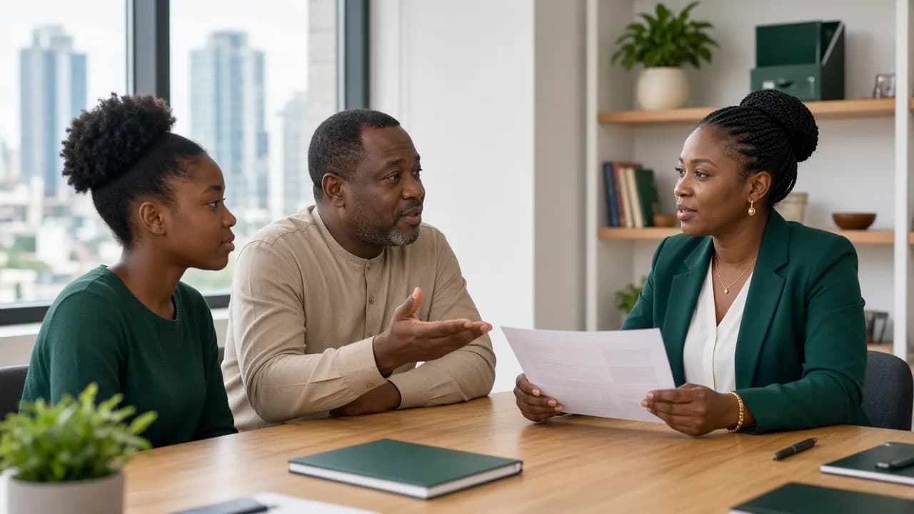 A student and her father meeting a study abroad consultant in Lagos