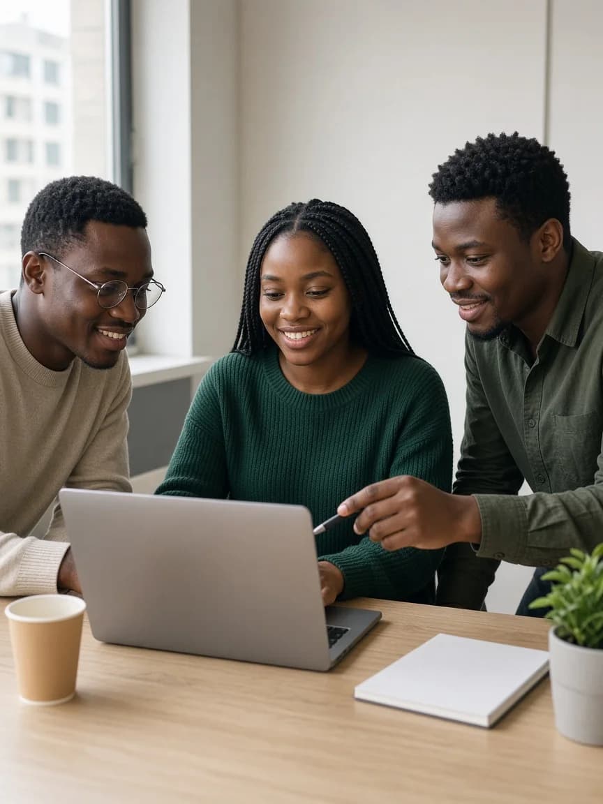 Students researching universities together with a YouWin advisor at the office