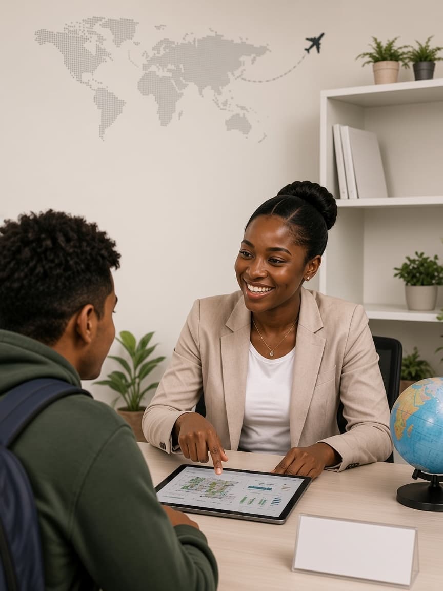 An education consultant guiding a student through his study abroad plan