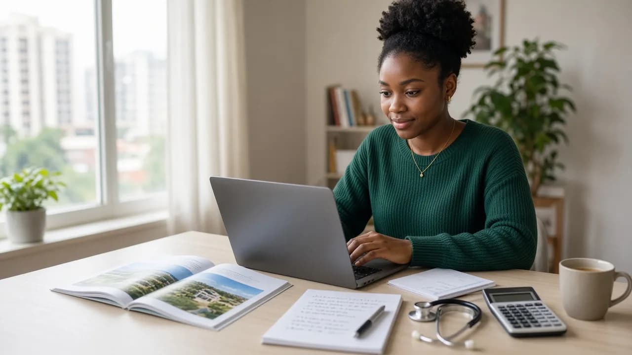 Nigerian student comparing study abroad course options at her desk