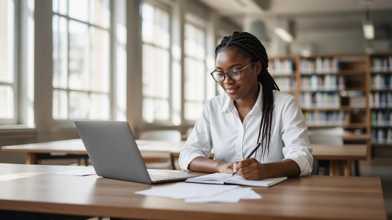 Nigerian student researching international scholarships in a library