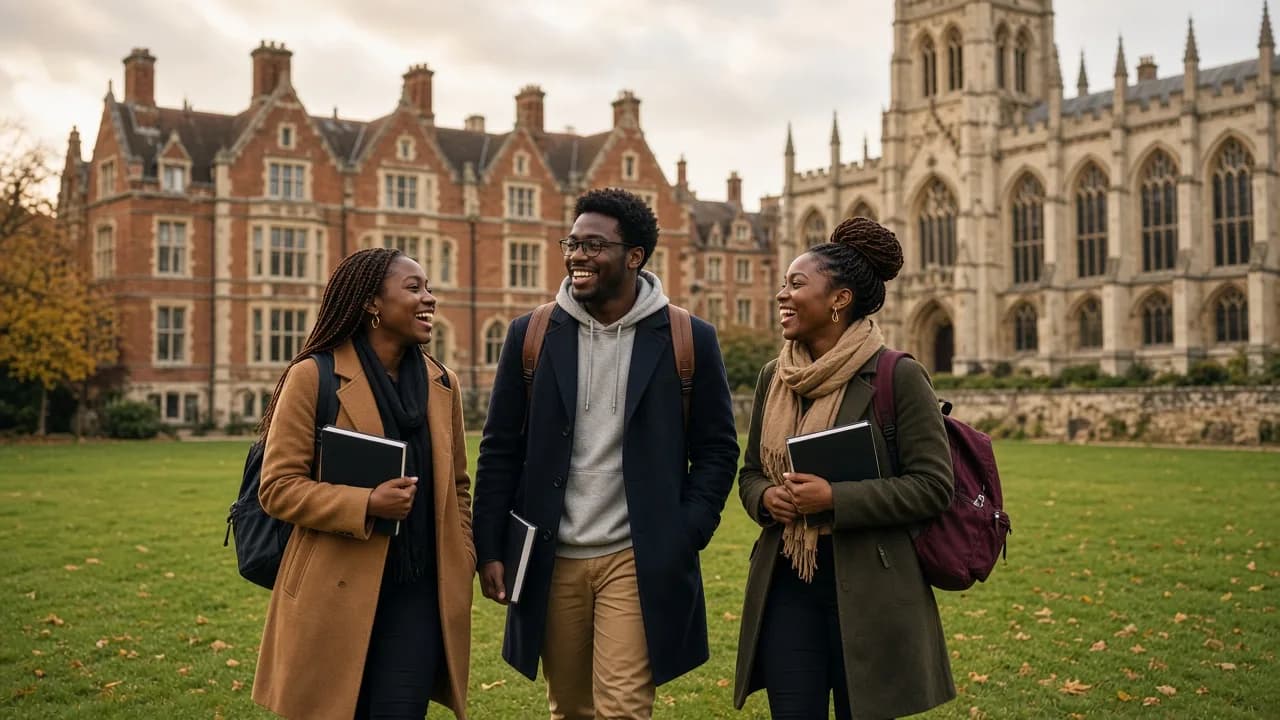 Nigerian students walking across a UK university campus